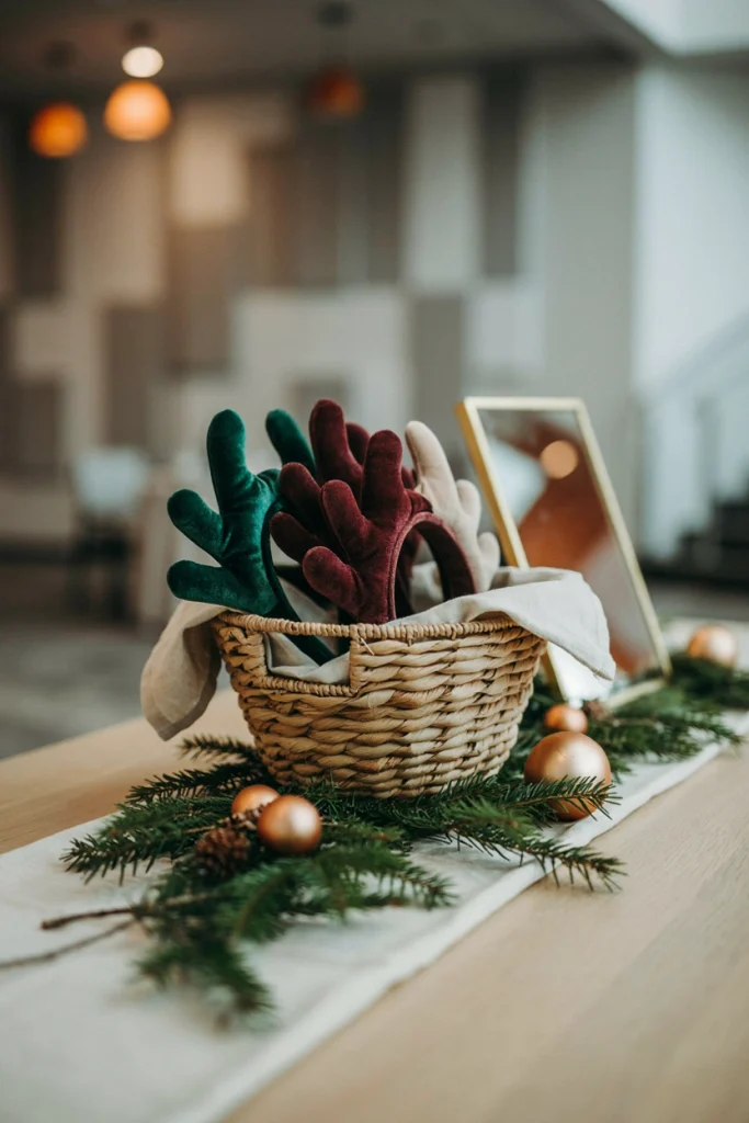 Small styled table near the entrance holding reindeer antler headbands and a mirror