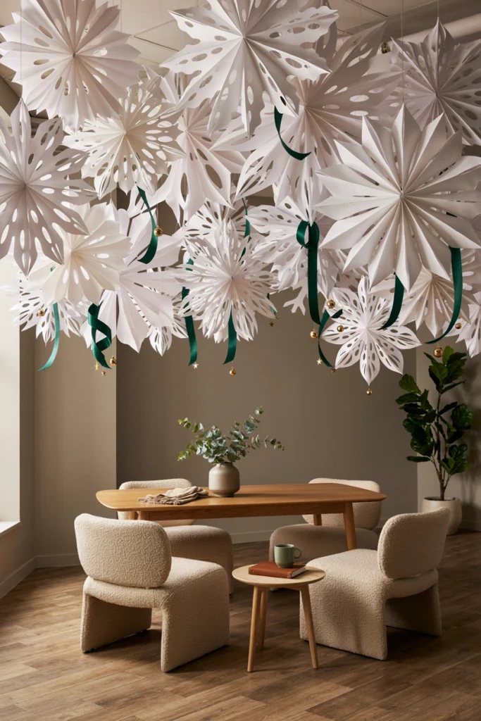 Cluster of oversized white paper snowflakes in varying sizes suspended above a breakroom seating area