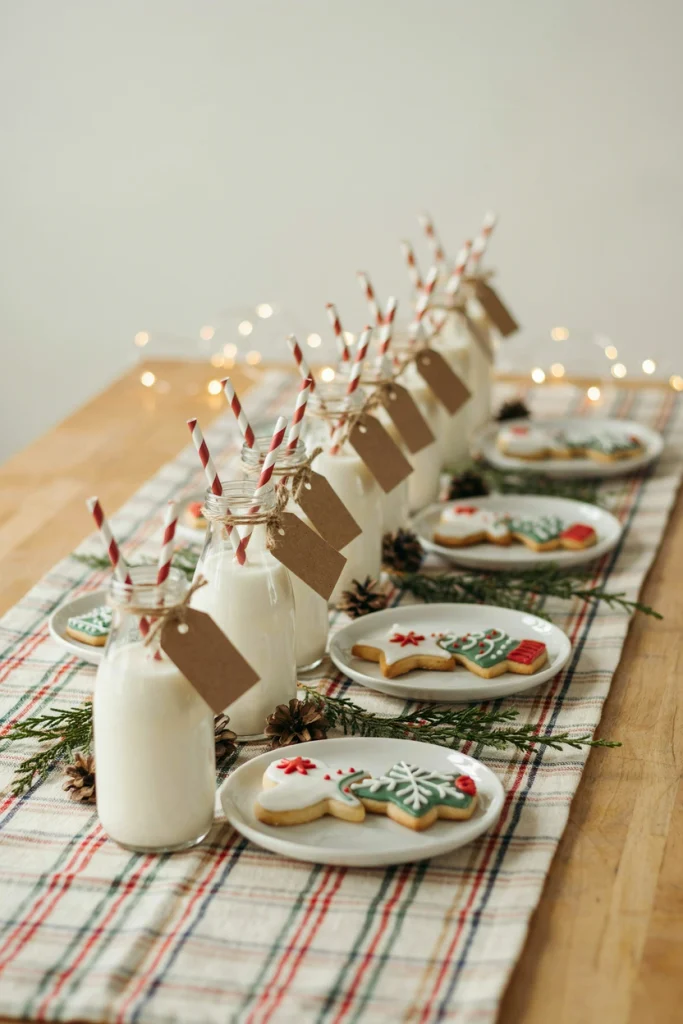 Mini milk bottles with straws and decorated sugar cookies as place settings