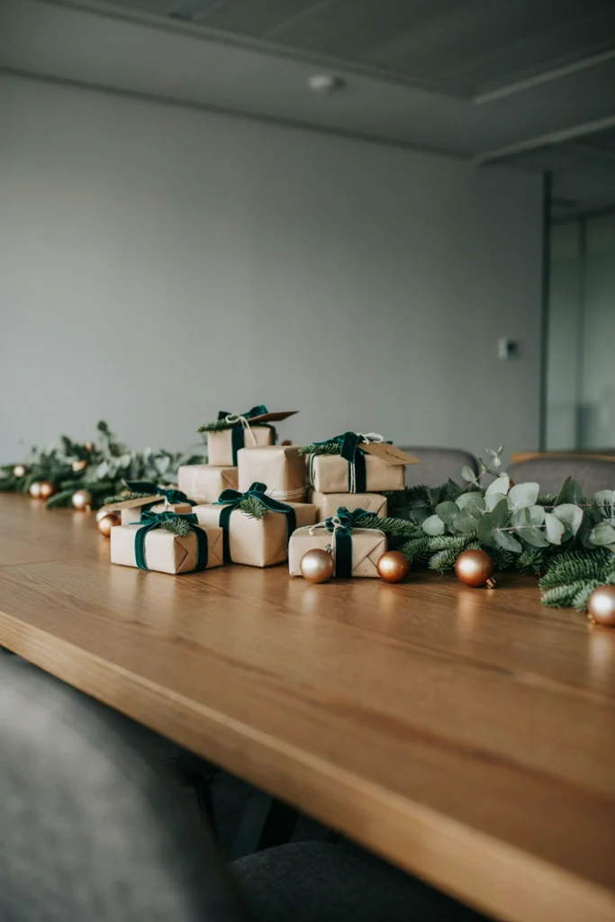Gift table wrapped in simple kraft paper with twine bows for a company Secret Santa exchange