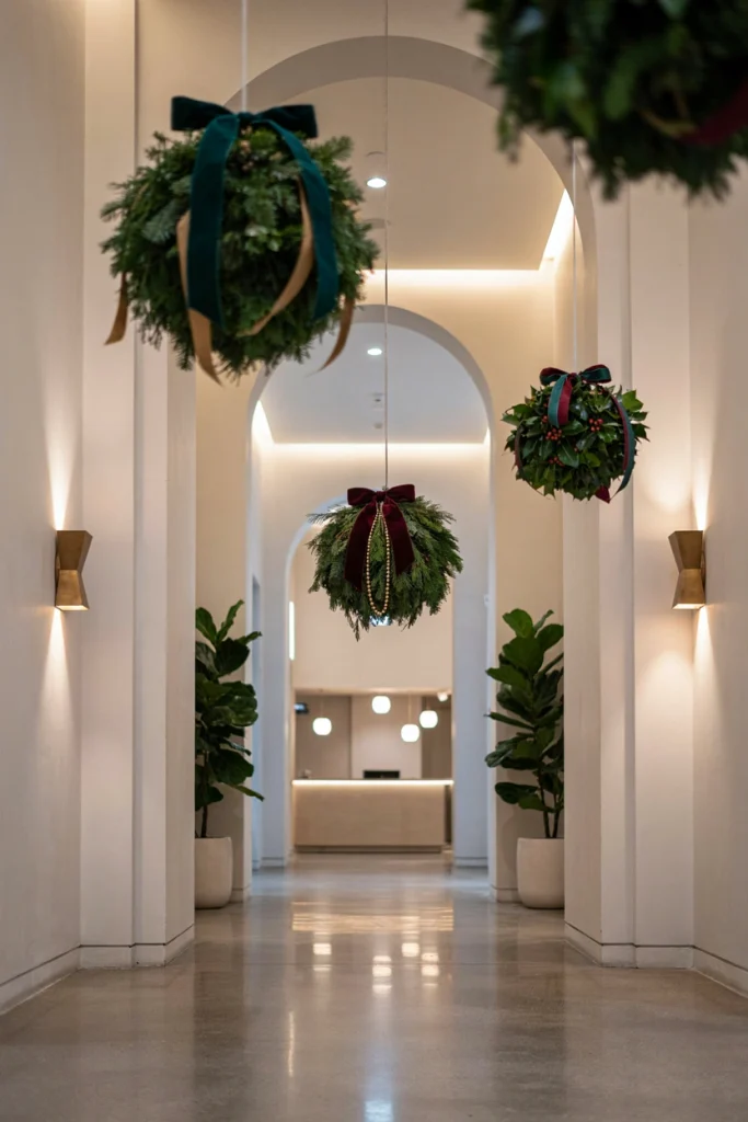 Small round mistletoe balls tied with red ribbon, hung at doorways and archways throughout a rented venue