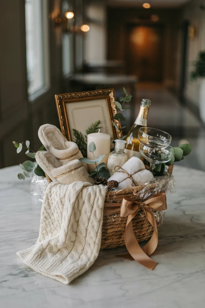 Winter staycation Christmas auction basket with hotel gift certificate and slippers
