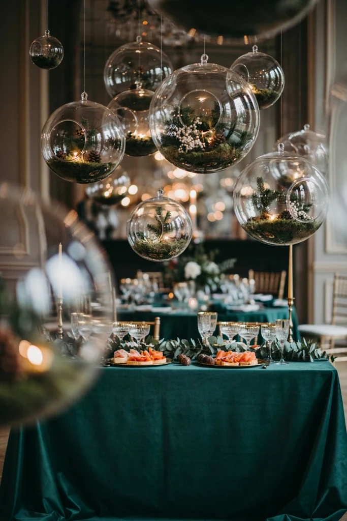 Small glass orb terrariums filled with moss, mini pinecones, and battery candles hung above a cocktail table