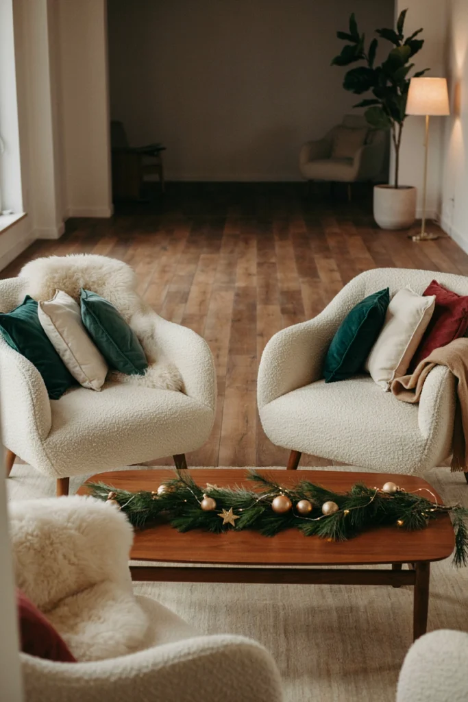 Cozy lounge seating area styled with faux fur throws, plush cushions in cream and burgundy, and a low coffee table