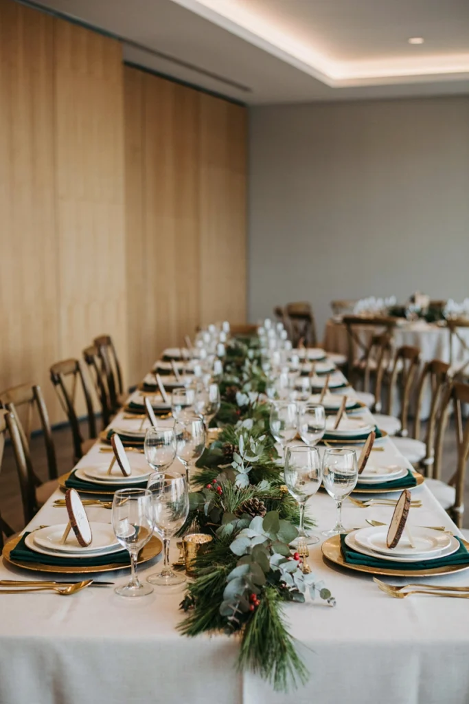 Thin wood slice place cards with guest names painted in white along a long dinner table