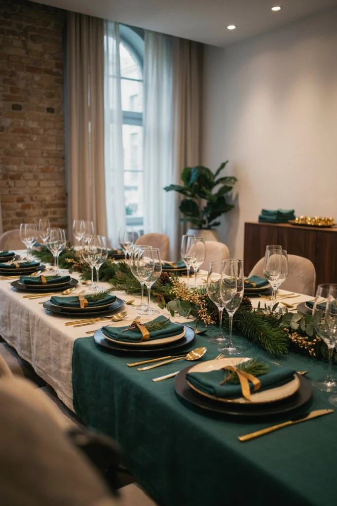 Formal place setting with black chargers, gold flatware, and a sprig of greenery tied with gold ribbon
