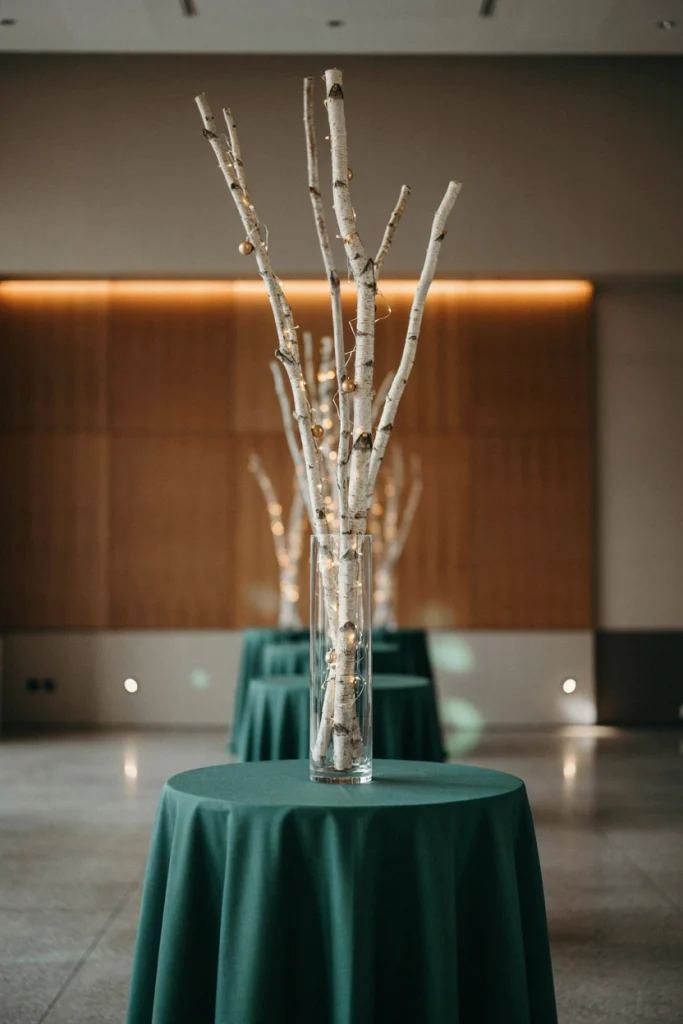 Tall glass vases filled with frosted white birch branches as centerpieces on cocktail tables
