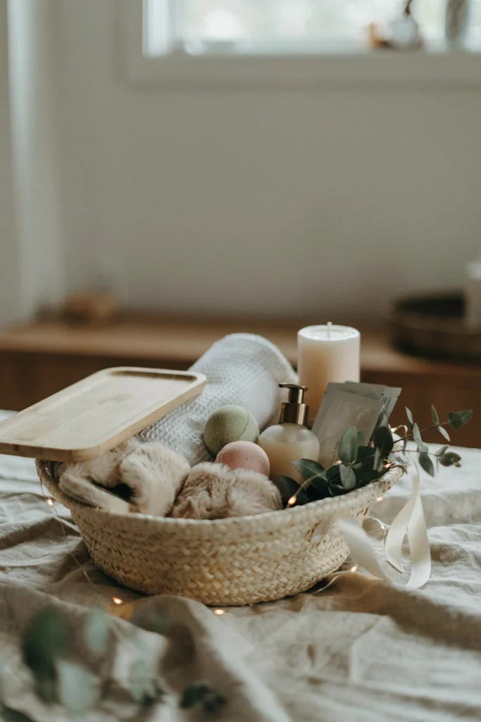 Cozy spa retreat Christmas auction basket with rolled robe, candle, and bath products