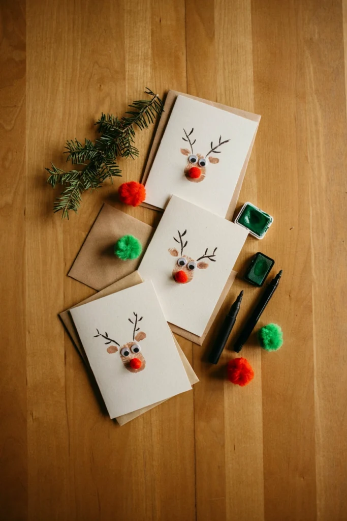 Handmade holiday card with a brown thumbprint reindeer body, googly eyes, pom-pom nose, and pipe-cleaner antlers