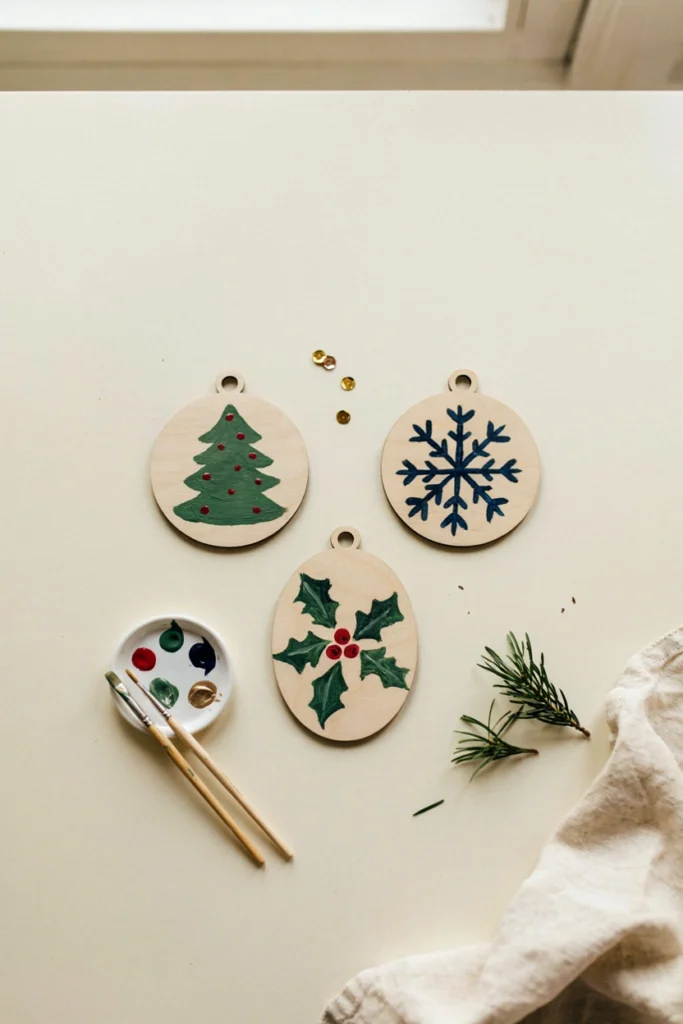 Three painted wooden ornaments featuring a Christmas tree design with colorful dots, a navy blue snowflake, and green and red holly leaves