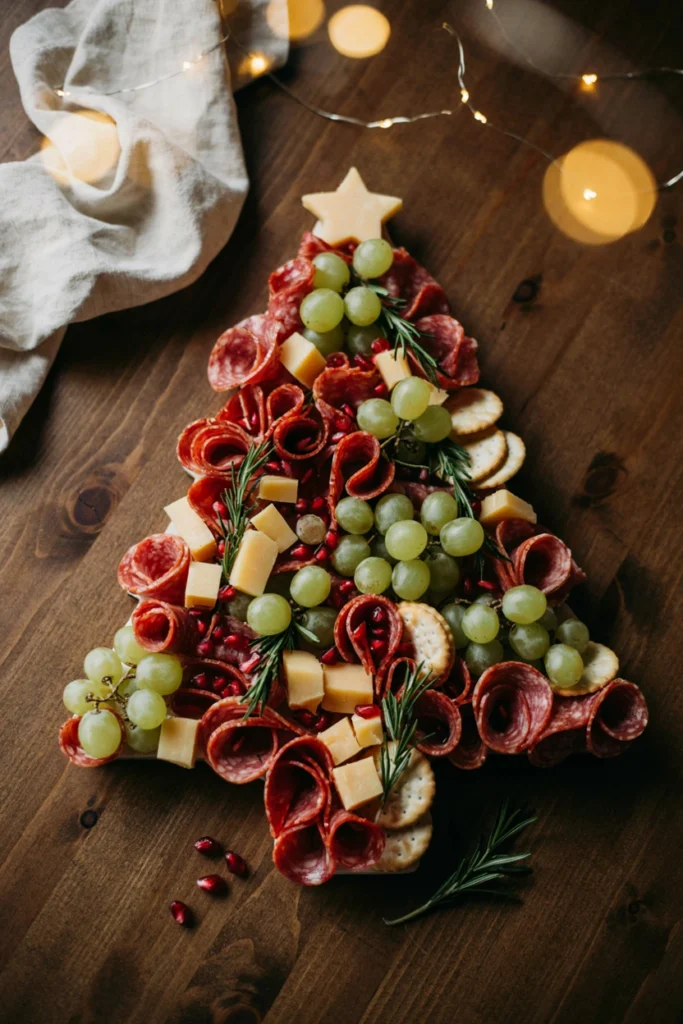 Dozens of appetizer skewers arranged into a Christmas tree shape on a large wooden serving board, topped with a cheese star. class=