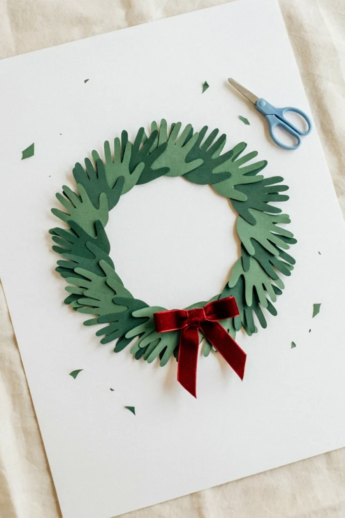 Circular wreath made of overlapping green paper handprints on white cardstock, tied with a red bow