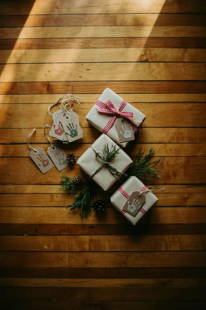 Small stack of kraft-paper gift tags each with a tiny painted handprint and the child's name written beneath