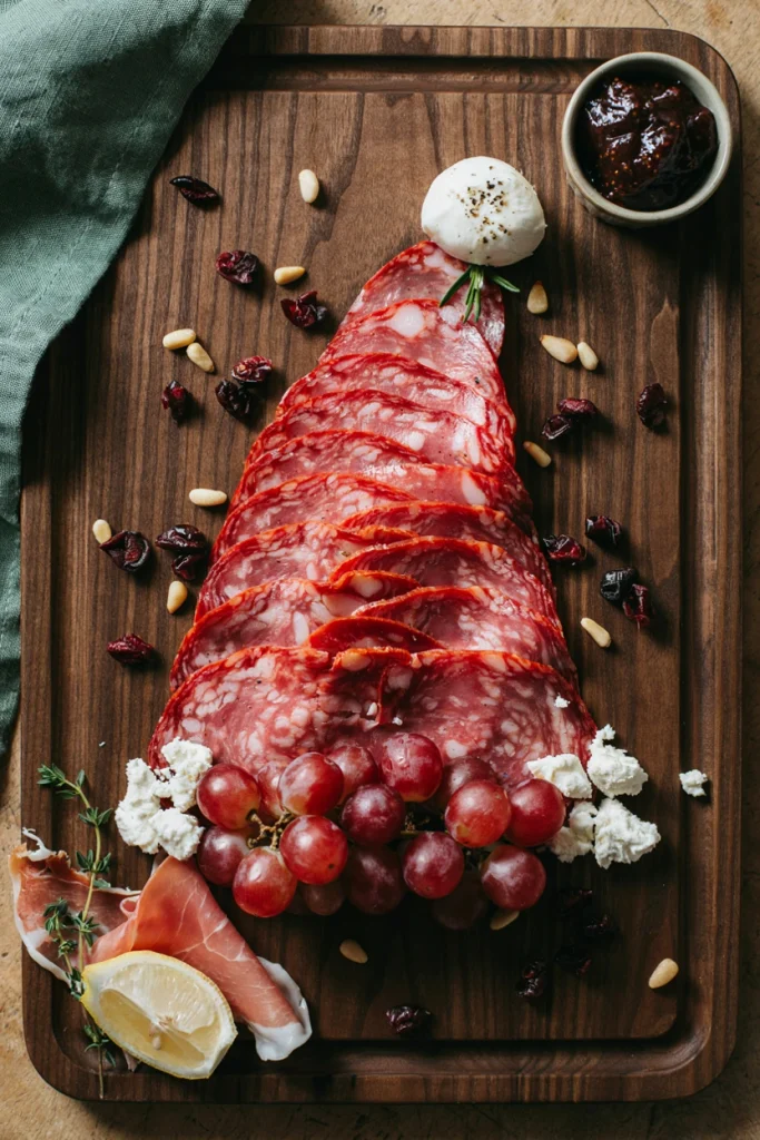 Large wooden charcuterie board staged as Santa's face using red and white foods with a cotton ball beard