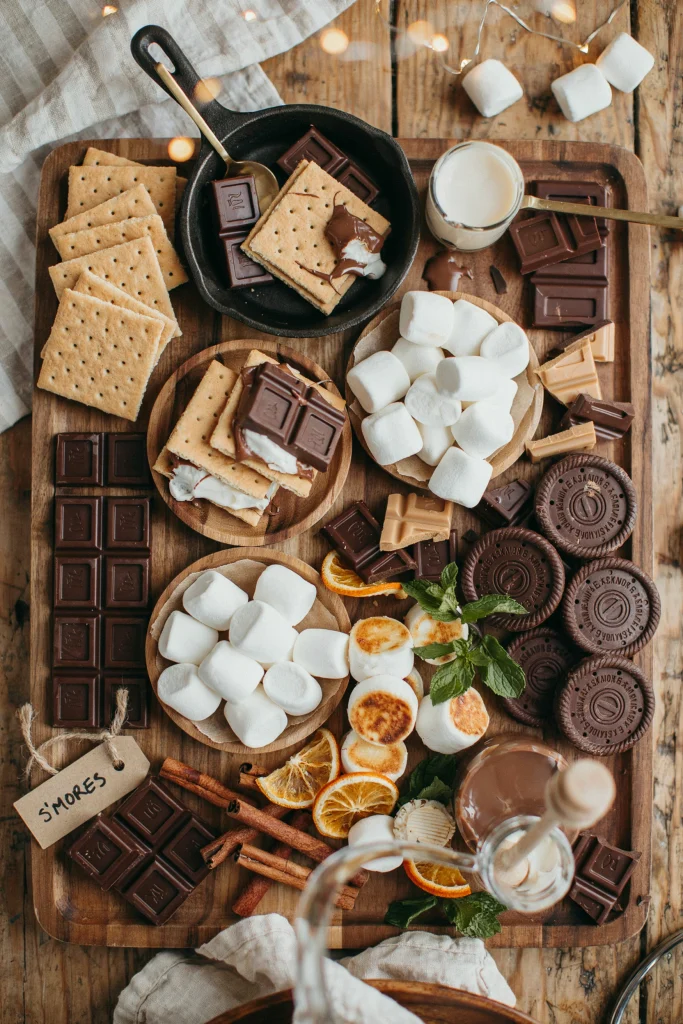 S'mores station set up around a fire pit with marshmallows, chocolate, and roasting sticks, styled and ready for guests