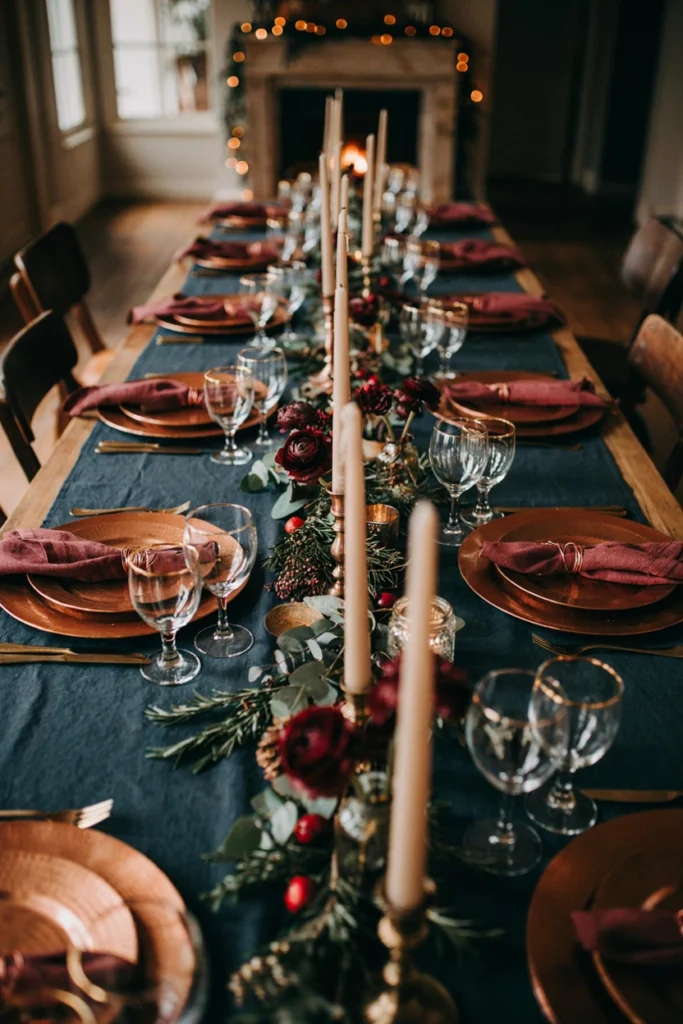 Deep navy tablecloth with warm copper chargers, copper candle holders, and dark burgundy florals