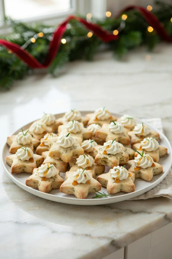 Star-shaped rosemary shortbread topped with whipped feta and hot honey