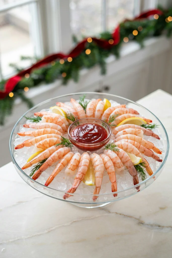 Shrimp cocktail arranged around a bowl of cocktail sauce