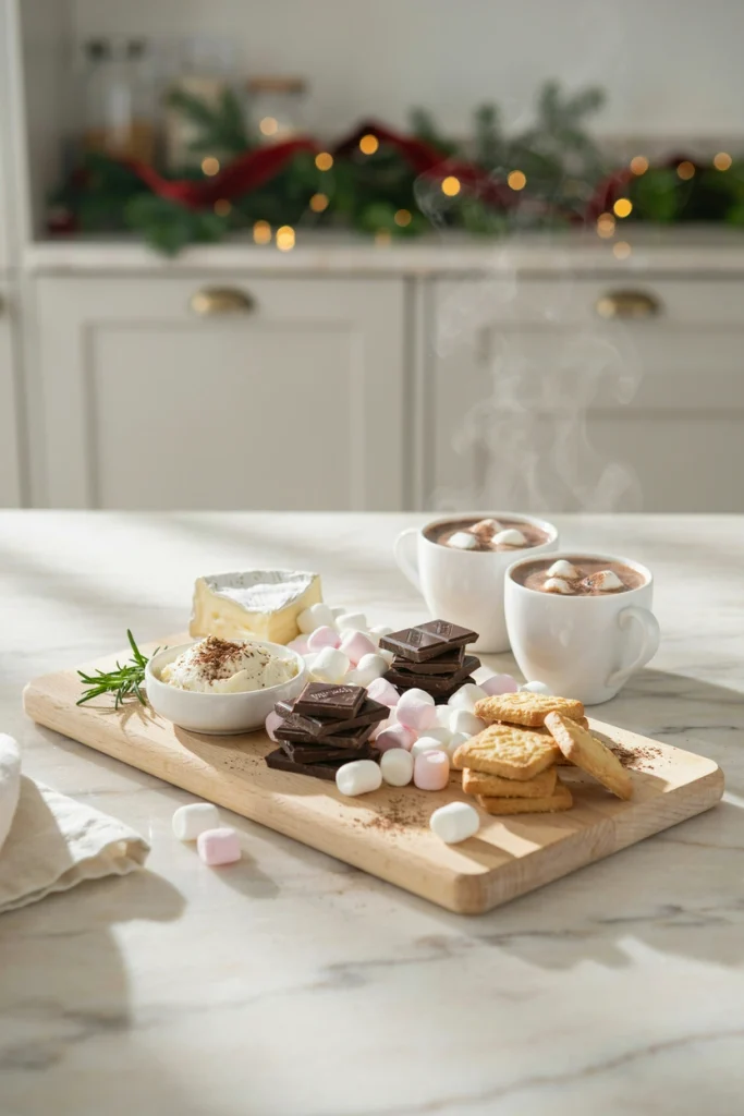 Hot cocoa pairing board with chocolate, marshmallows, and brie
