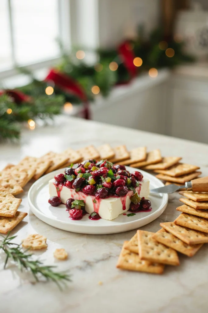 Cream cheese block topped with cranberry sauce and jalapeño