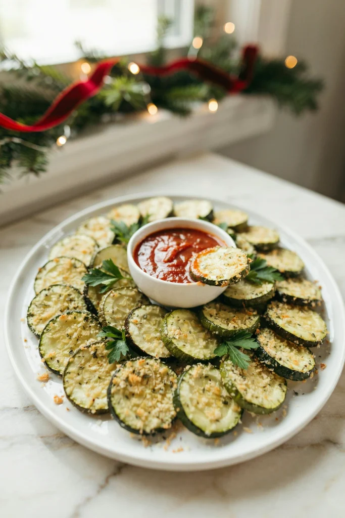 Baked breaded zucchini rounds with marinara dip
