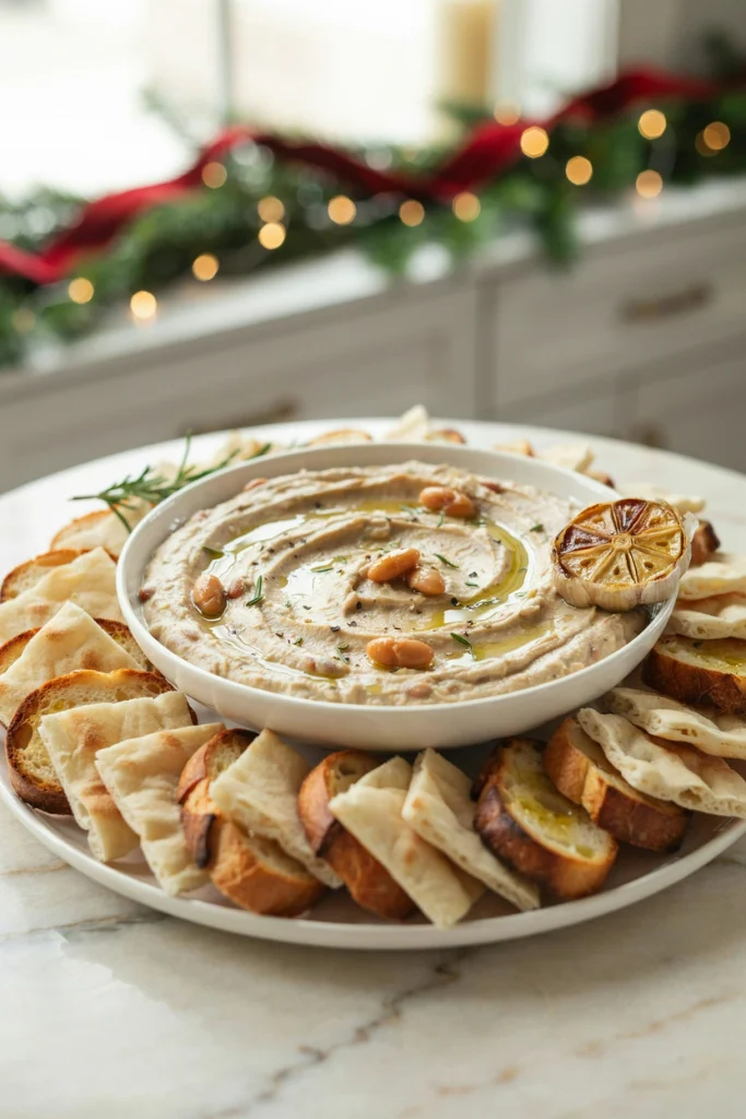 Roasted garlic white bean dip with rosemary garnish