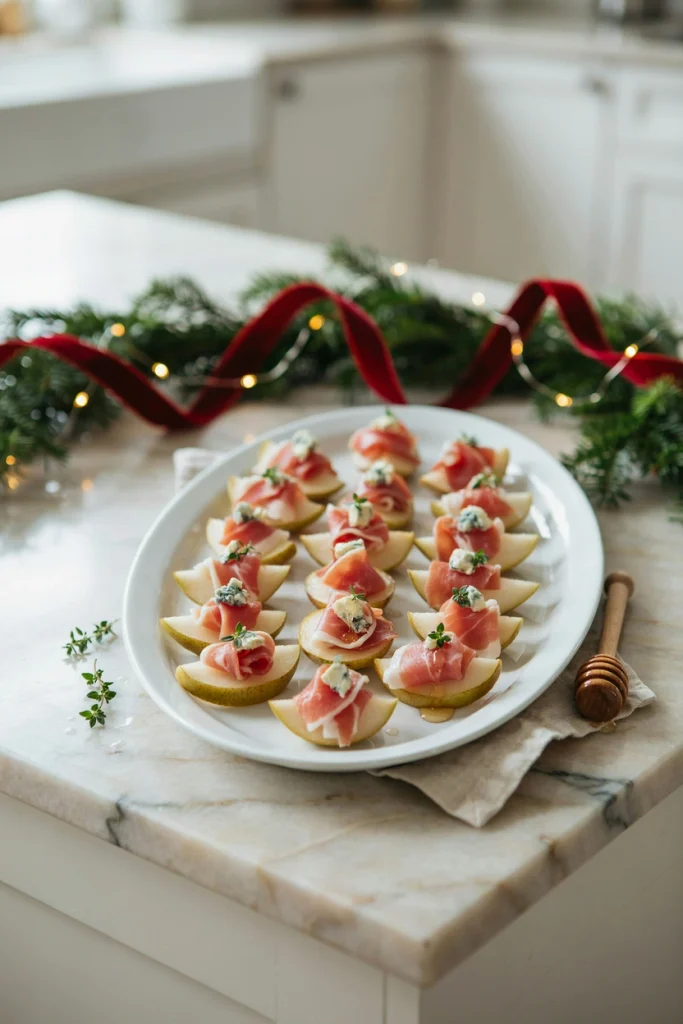 Pear slices wrapped in prosciutto with gorgonzola and honey
