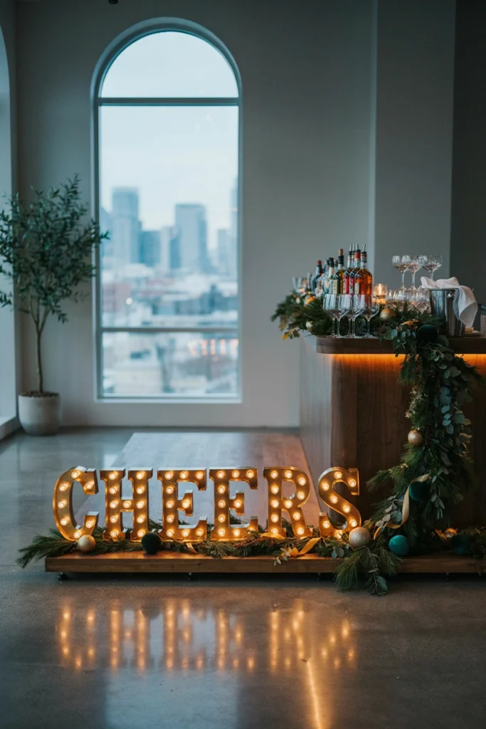 Illuminated vintage-style marquee letters spelling CHEERS on a platform near a bar