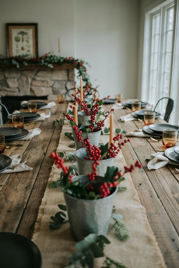 Row of small galvanized metal buckets filled with deep red winterberry stems on a burlap table runner