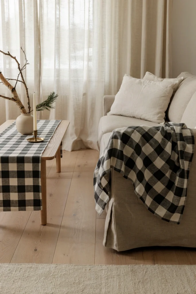 Charcoal and white buffalo check throw blanket styled for a cozy Christmas living room