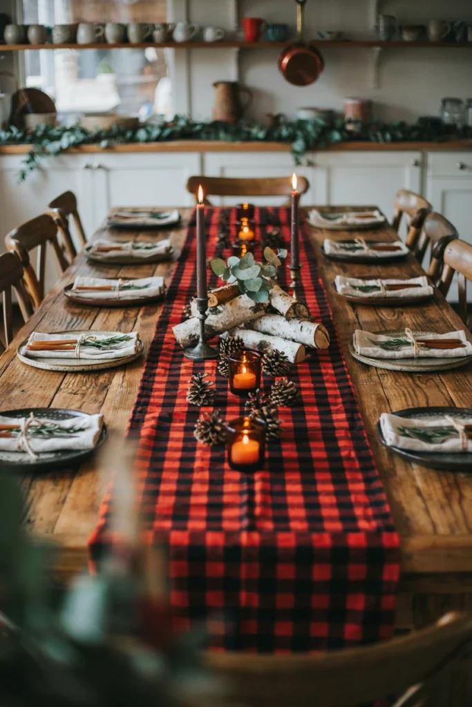 Red and black buffalo check table runner with stacked birch logs and pinecones down the center of a wooden table