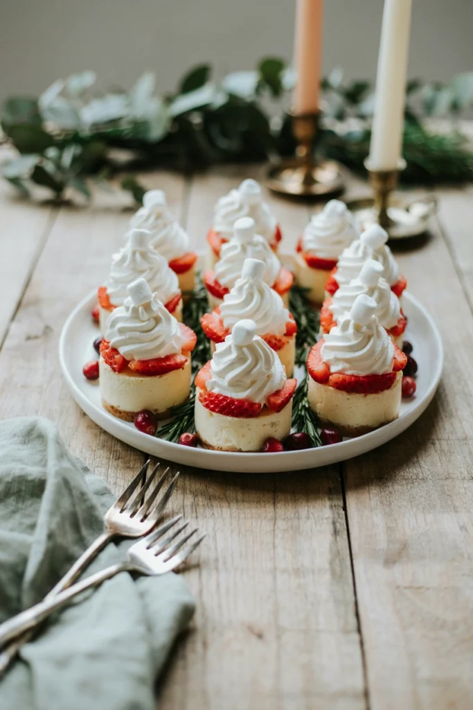 Mini cheesecake bites topped with a strawberry half and whipped cream to look like Santa hats