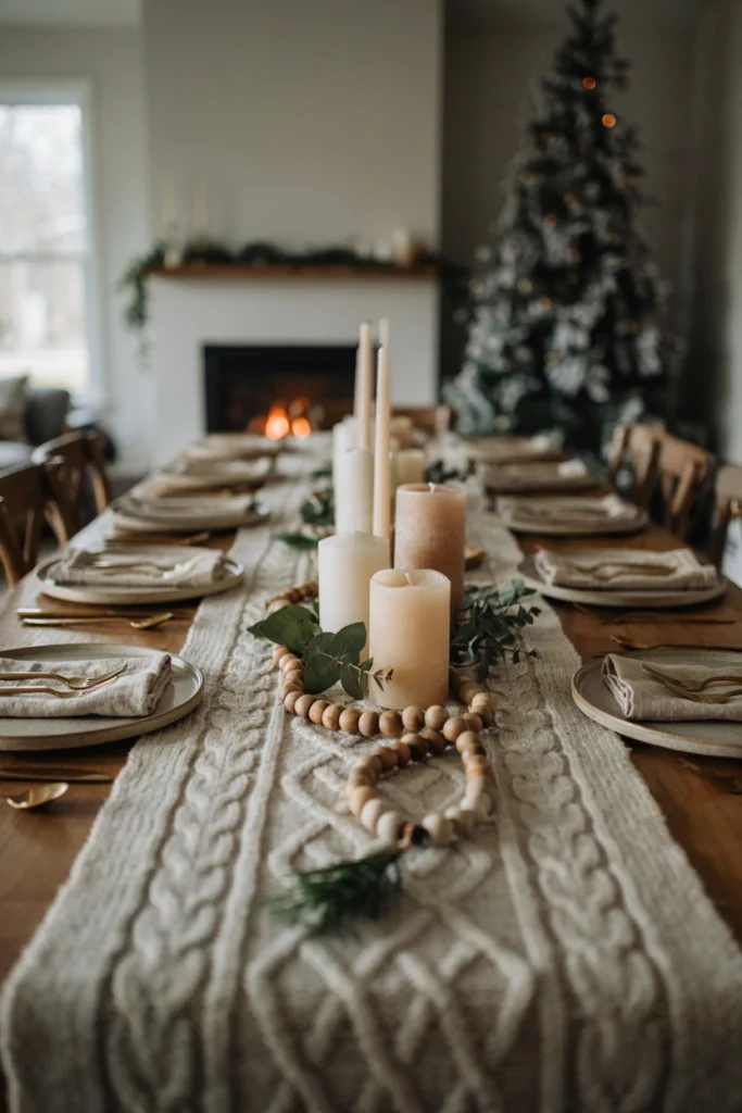 Chunky cream knit table runner with wooden bead garland and clustered cream pillar candles