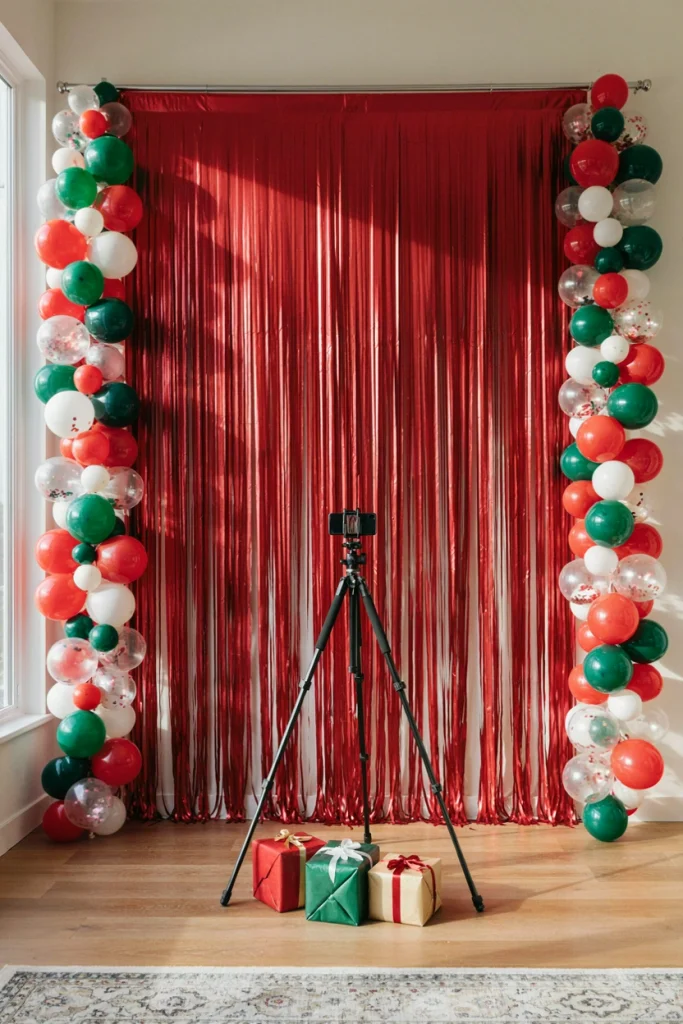 Empty staged runway leading to a shimmering red fringe photo backdrop for a Christmas pajama runway