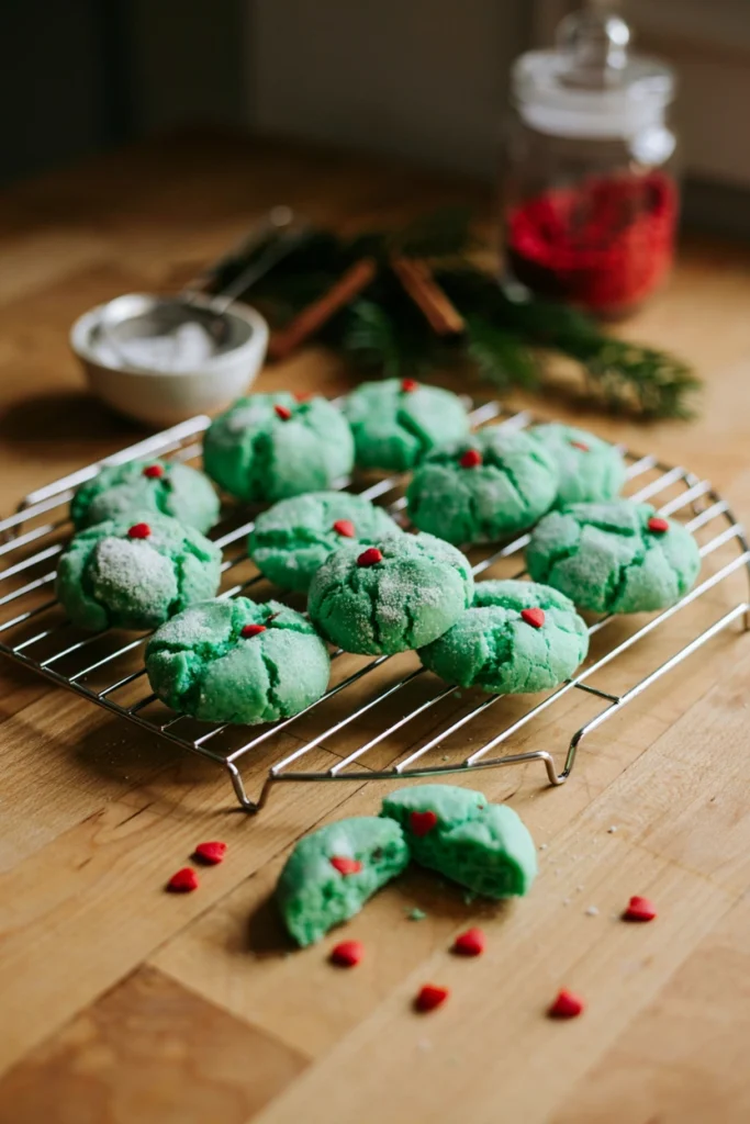 Bright green Grinch crinkle cookies rolled in powdered sugar with a red heart candy on top
