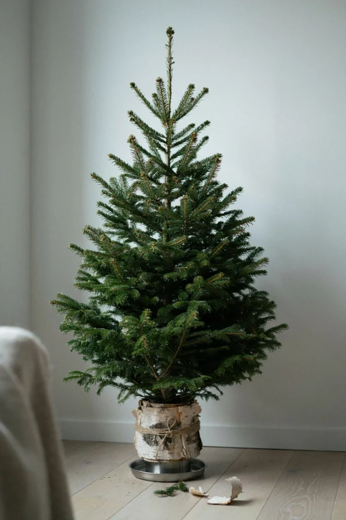 Christmas tree trunk wrapped in natural birch bark and tied with jute twine