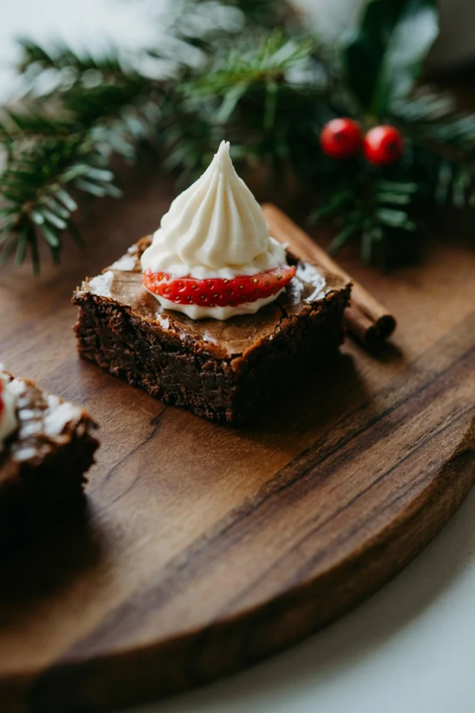 Fudgy brownie squares topped with a strawberry half and whipped cream to look like Santa hats