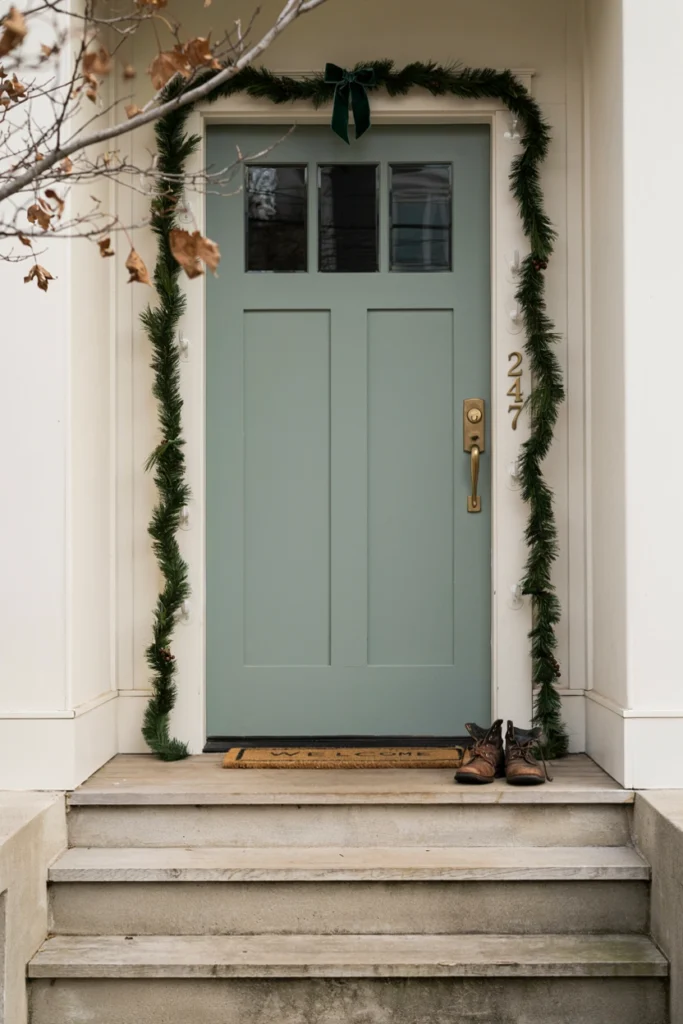 Faux garland framing a front door using adhesive hooks, rental-friendly Christmas decor