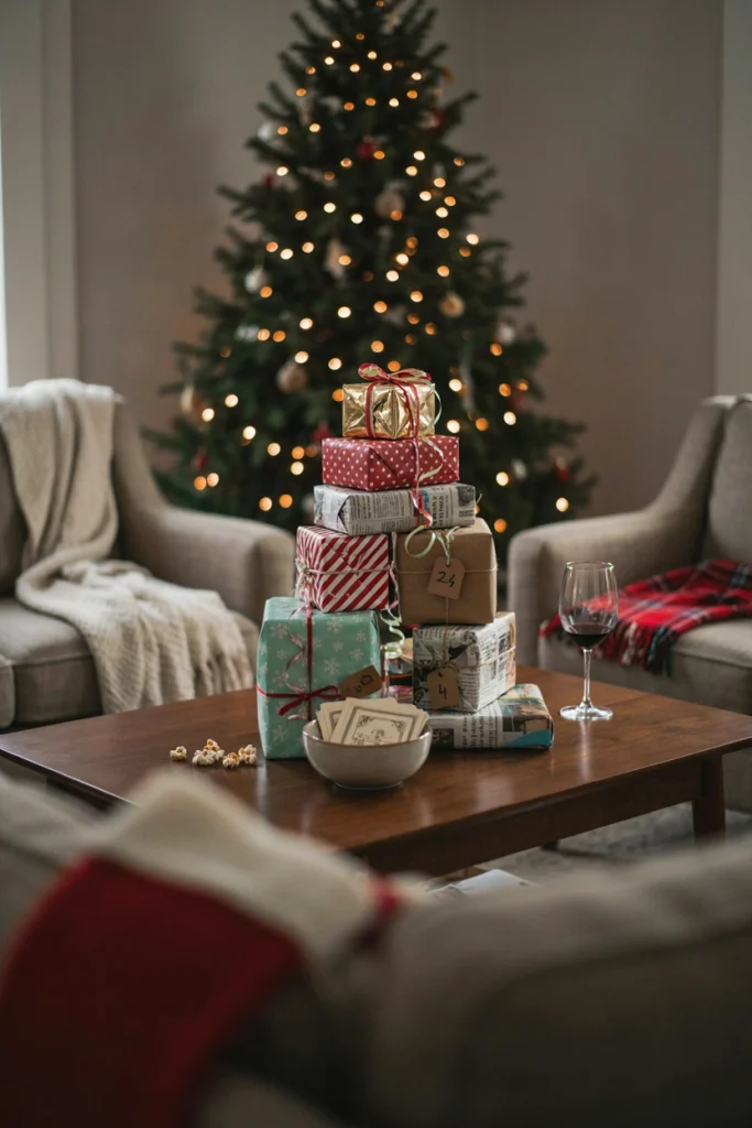Pile of wrapped gag gifts on a coffee table with friends laughing during a White Elephant gift exchange