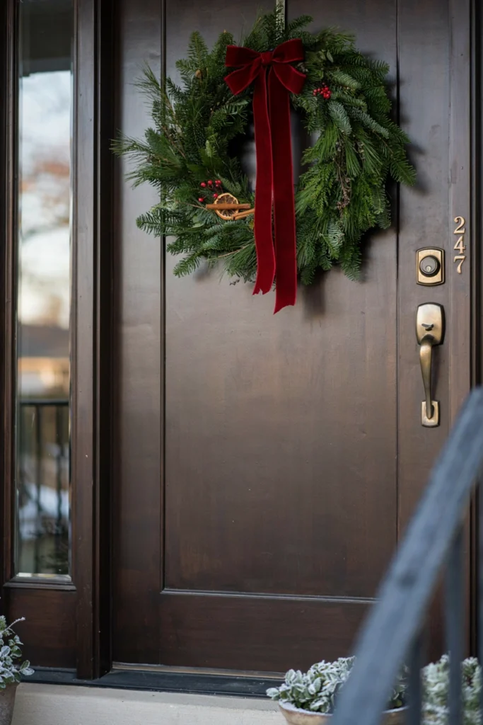 Large fresh evergreen Christmas wreath with red velvet ribbon on front door