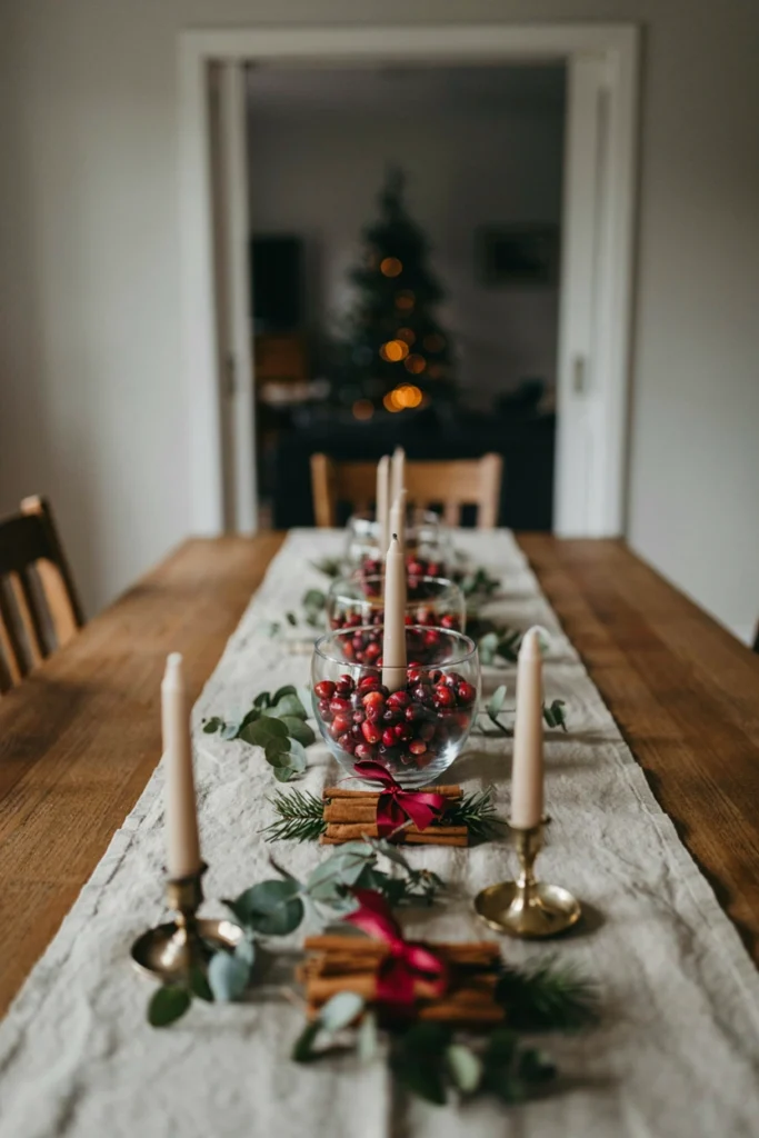 Clear glass bowls filled with fresh cranberries and floating candles, with cinnamon stick bundles tied in red ribbon