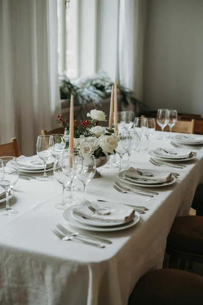 All-white table with crystal candle holders, low white rose arrangement, and polished silver flatware