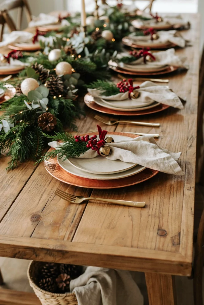 Place settings built on hammered copper charger plates topped with greenery sprigs