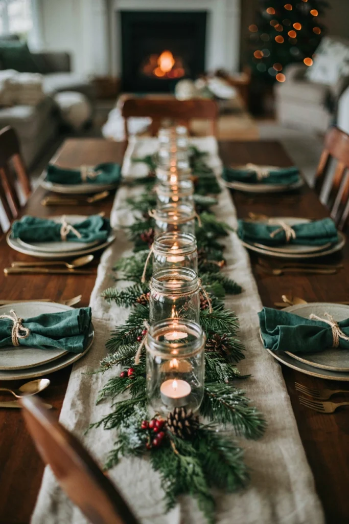 Row of twine-wrapped mason jars with tealight candles alternating with fresh evergreen sprigs down a table