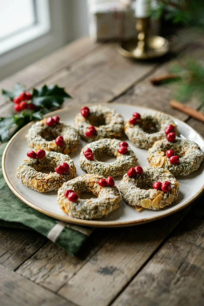 Ring-shaped cookies piped with green icing and holly berry candies to look like Christmas wreaths