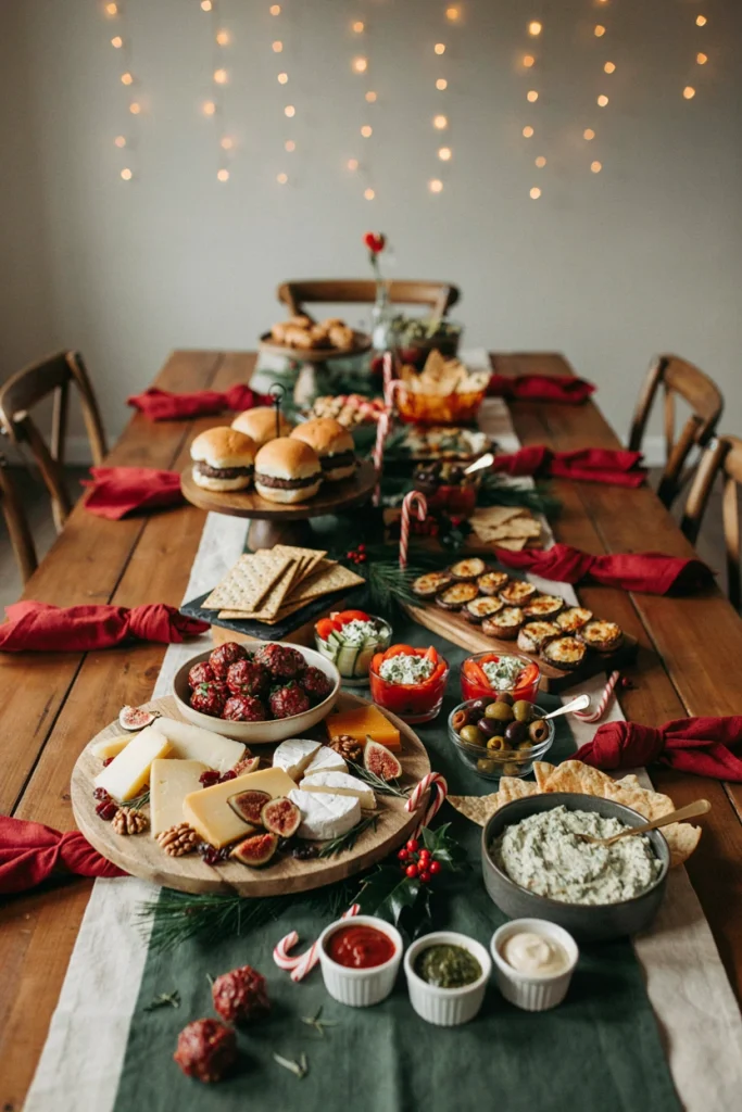 Long table covered edge to edge with small holiday appetizer plates for a Friendsmas potluck spread