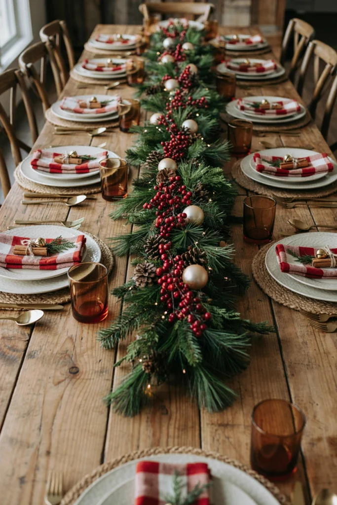 Place settings with folded buffalo check napkins tied with rosemary sprigs