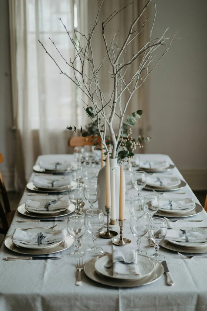 All-white Christmas table with silver chargers, white taper candles, and bare white-painted branches in a tall vase