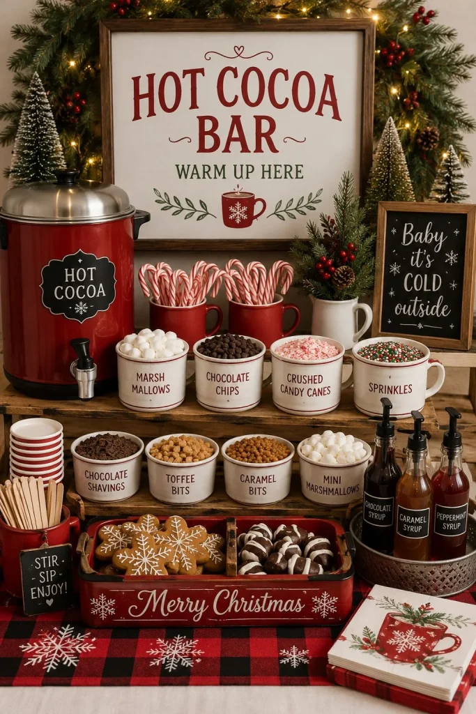 Empty table staged with a row of mini mugs and cocoa toppings in small bowls for a hot cocoa flight