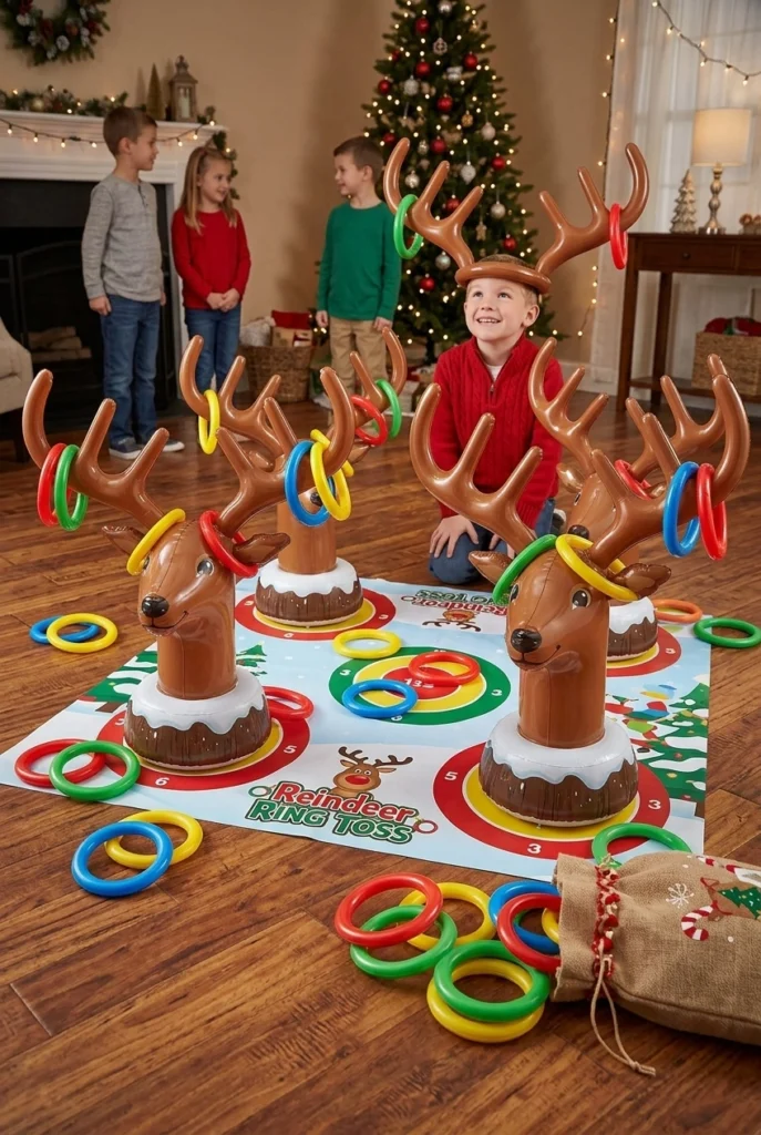 A DIY reindeer ring toss game set up on the floor with a cardboard reindeer head target and red and green rings
